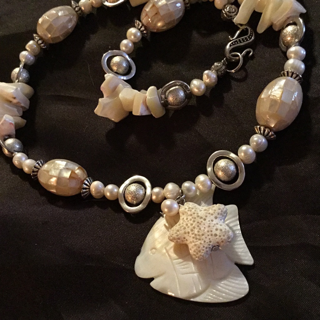 Mother Of Pearl Fish Necklace W/ Coral & Pearls
